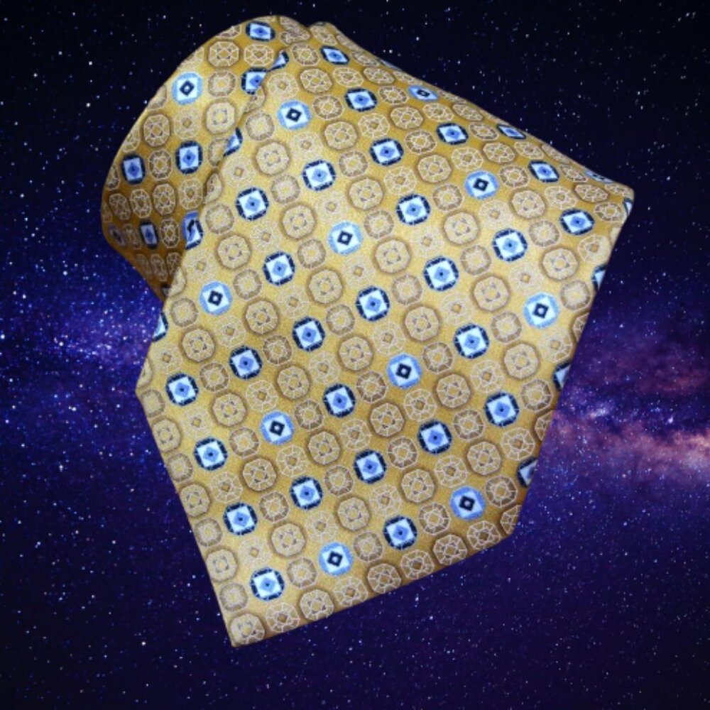 $490 BRIONI Handmade Navy Blue Gold Brown Hexagon Geometric Silk Tie LUX Italy